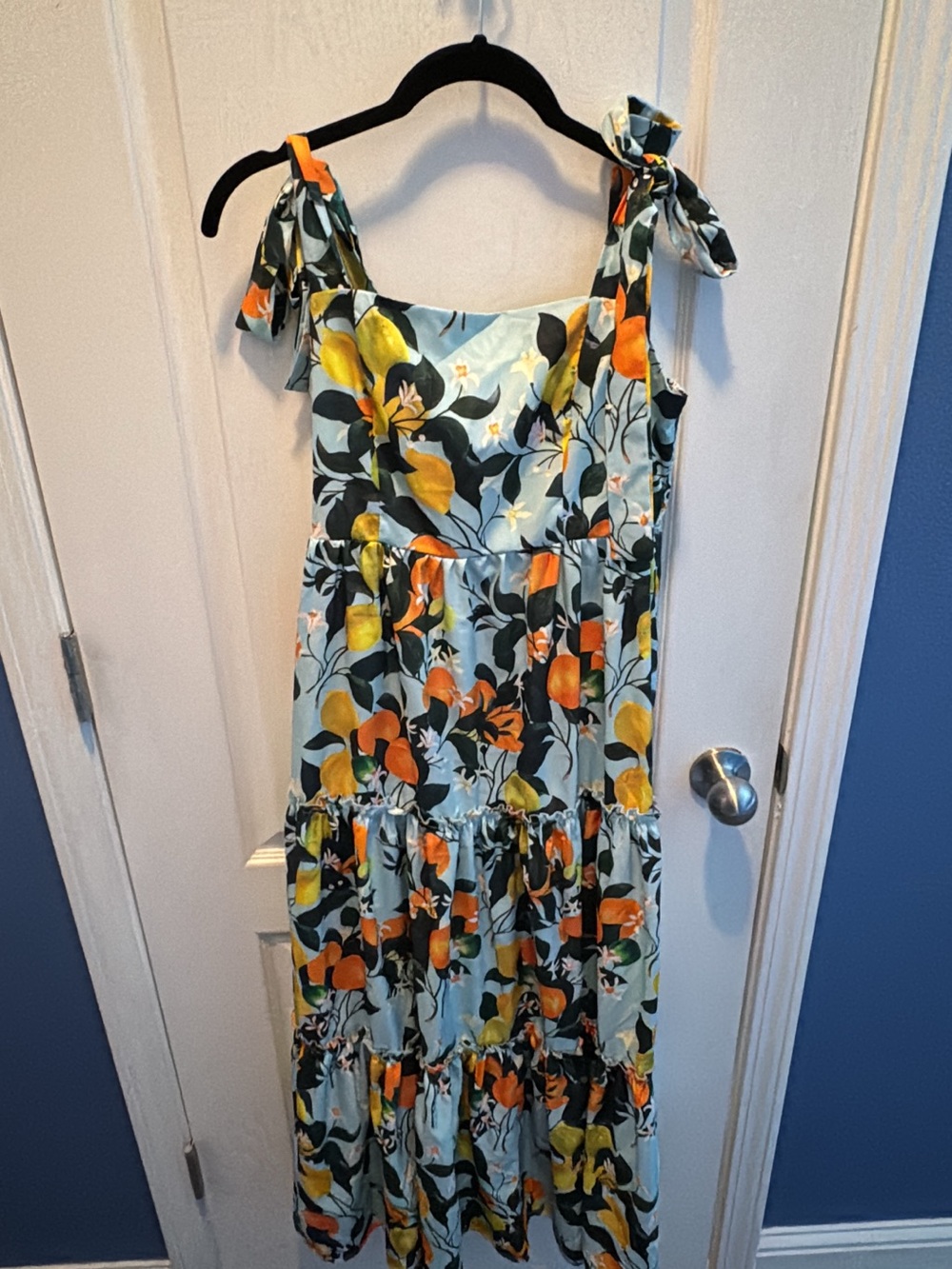 Floral Tie-Shoulder Maxi Dress in Light Blue with Orange & Yellow Bloom